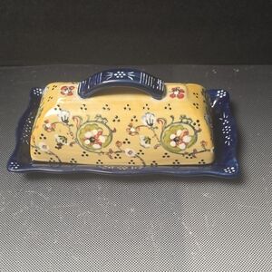 Yellow Blue French Country Rustic Elegance Butter Dish With Cover Lid